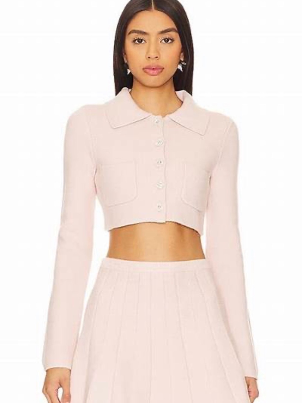 MAJORELLE Pale Pink Cropped Collared Cardigan and Skirt
